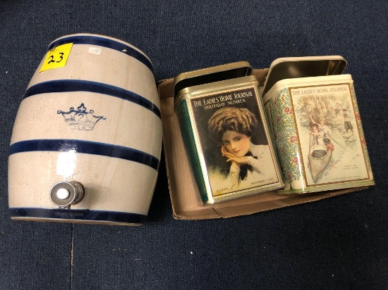 Crock water dispenser and the Ladies Home Journal advertisement tins