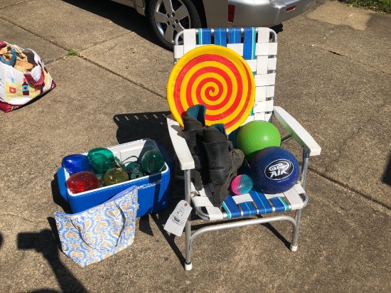 Lawn chair, cooler, outdoor lights, toys