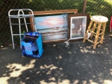 Stool, picture frames, pictures and walker