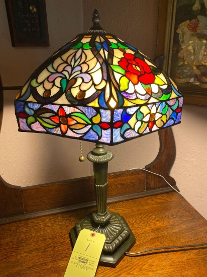 Modern table lamp with leaded glass shade, 25" tall.