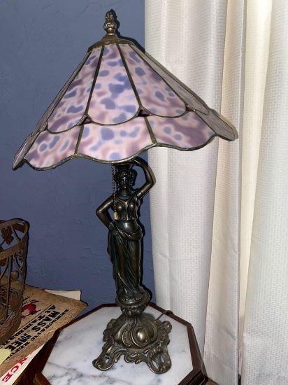 Lady figure metal lamp with leaded glass shade, 22" tall.