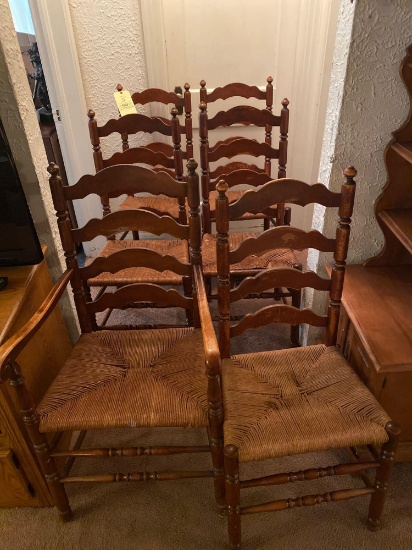 Set of six rush seat chairs. One chair needs repaired, see second photo.