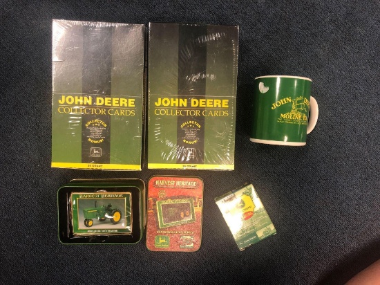 John Deere collector cards, coffee mug, and playing cards
