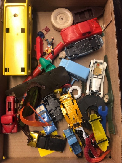 Box of diecast Hot Wheels, Dinky miniature toys, etc.