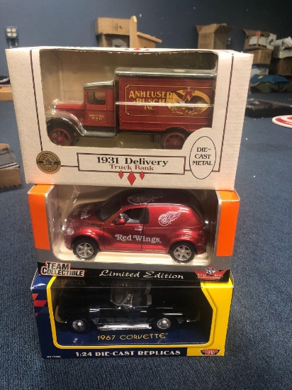 1931 delivery truck bank Anheuser-Busch, 2002 Chrysler panel cruiser, 1967 Corvette diecast