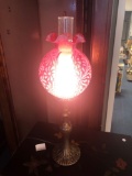 Cranberry opalescent lamp fern and daisy Fenton