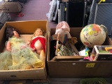 Two boxes of vintage toys, globe, dolls, etc.