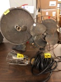 Vintage metal heat lamp, metal fan, and work light