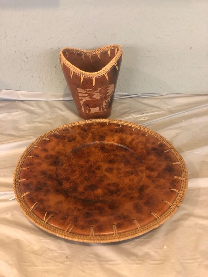 Pottery vase and plates with basket weaving