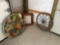 Wagon wheel decorator, metal art, pegboard cabinet