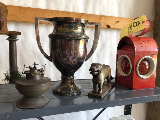 McKinley Hotel Canton, Ohio vase, nutcracker, English metal lamp, Oil lamp.