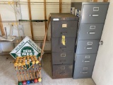 Contents of small building, metal filing cabinets, early wood desk chair, two wood cabinets, & more