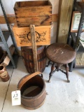 Wood sugar bucket, some damage. Claw & ball piano stool, Nail keg, advertising boxes.