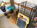 Mason's Root Beer tin chalkboard, wine racks, stepladder.