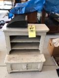 Small wood cupboard, early feed scoop, advertising frame