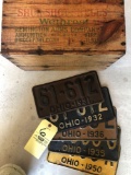 Five early Ohio license plates, wood advertising box.