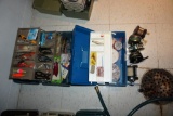 Tackle box, contents, fly reels, bait caster