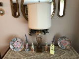 Flowered china, lamp, gold framed mirrors