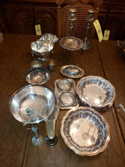 Silverplated Dishes, Bowls, Candlesticks, Cups