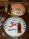 Grizzly Beer Sign. Coca Cola Thermometer