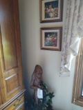 Wood Carved Statue and 2 Framed Pictures