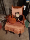 Wooden Rocking Chair, Cat Pillow & Wicker Pumpkin