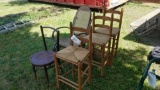 3 rush seat stools, rocker and chair