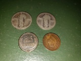 (2) Standing Liberty Quarters, (1) Wheat Penny, (1) Indian Head