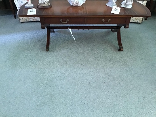 Drop-leaf coffee table with leather inlay and two leather inlay end stands