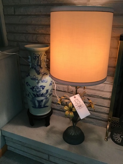 Metal floral lamp and antique porcelain vase