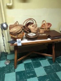 Table (needs refinished), baskets, regulator wall clock (missing crystal)