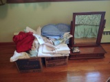 Assorted Linens and dresser top jewelry box with mirror