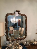 Gold framed mirror, framed bird plates, and lamp