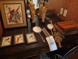 Dresser set, Shakespeare set, Oriental statues and needlepoint bird pictures