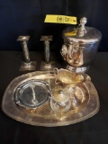 Sterling lid and spoon sugar dish, sliver plated items, ice bucket, candlesticks