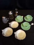 Fish plates, fire king jadeite cups and saucers
