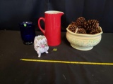 Hall pitcher, bowl, pine cones, blue glass