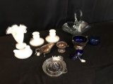 Silver Crest Vase and Candle Holders, Silver Plated Creamer and Sugar Dish, LMC Boot, Cobalt Glass