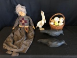 Weaved Basket, Baseballs and Softballs, Foam Crows, Pelican Decor, Large Grandmother Doll