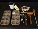 Early kitchen items, muffin pans, wood utensils