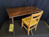 Early oak sewing table with folding legs and wooden chair