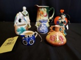 Hand-painted pitcher, lady figurines, planter