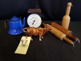 Benington like cow creamer, rolling pins, family scale, teapot