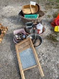 Wash board, silver plated items, water can, wash tub, baskets