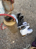 Harley Davidson boots, ice skates, sprayer