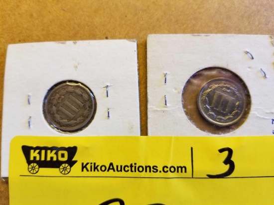 3 cent pieces, 1866 and 1868, bid x 2