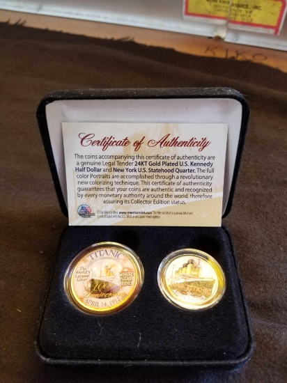 Titanic 24K plated Kennedy half and NY quarter