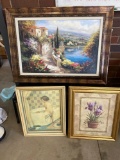 Colorful large framed oil on board with two smaller prints