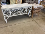 White wicker lift-top bench and small wicker stool