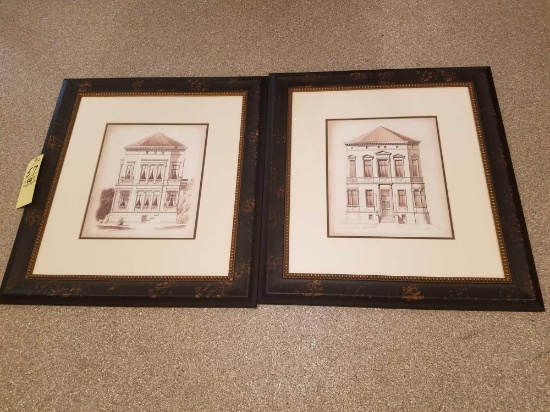Pair of architectural prints, 26 x 29in, cork board